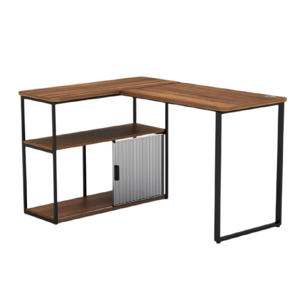 **Hoekbureau met opbergruimte en industriële stijl**