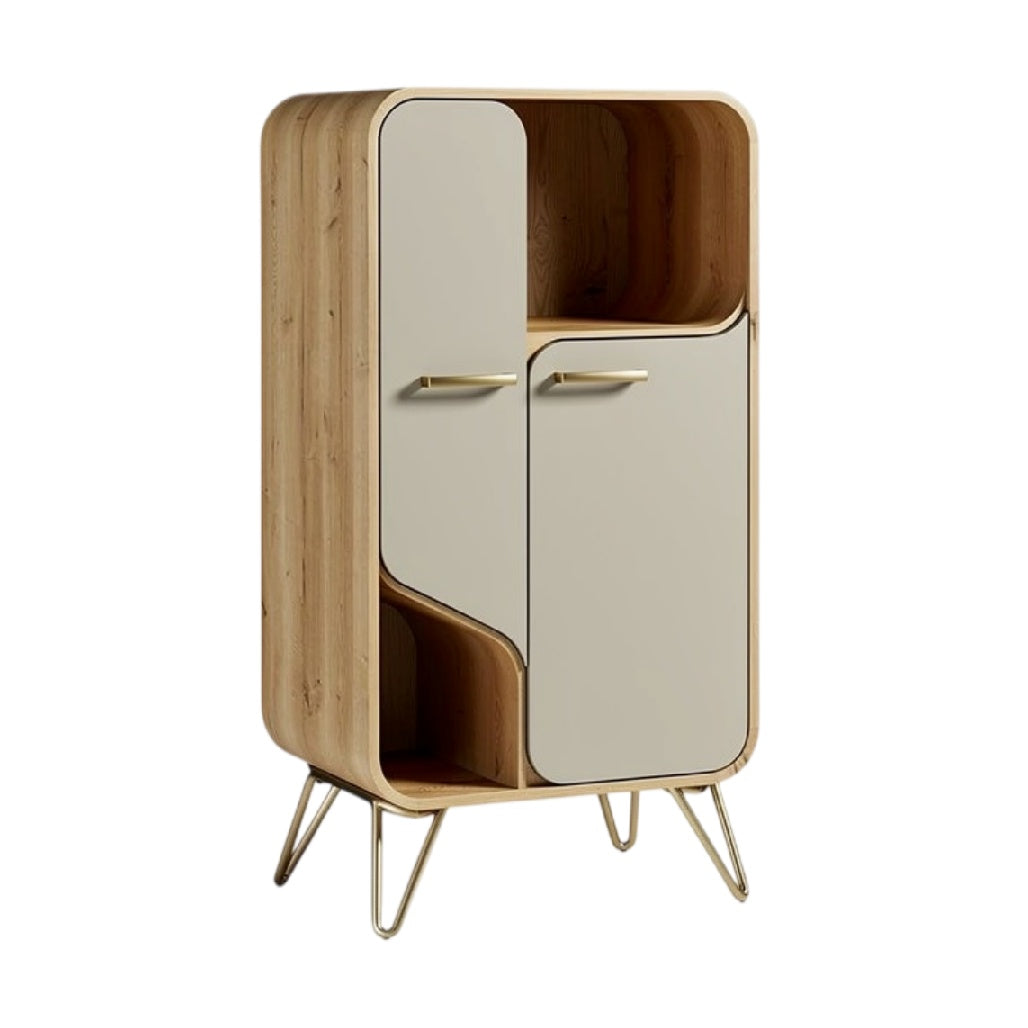 **Moderne houten kast met twee deuren en open compartiment**