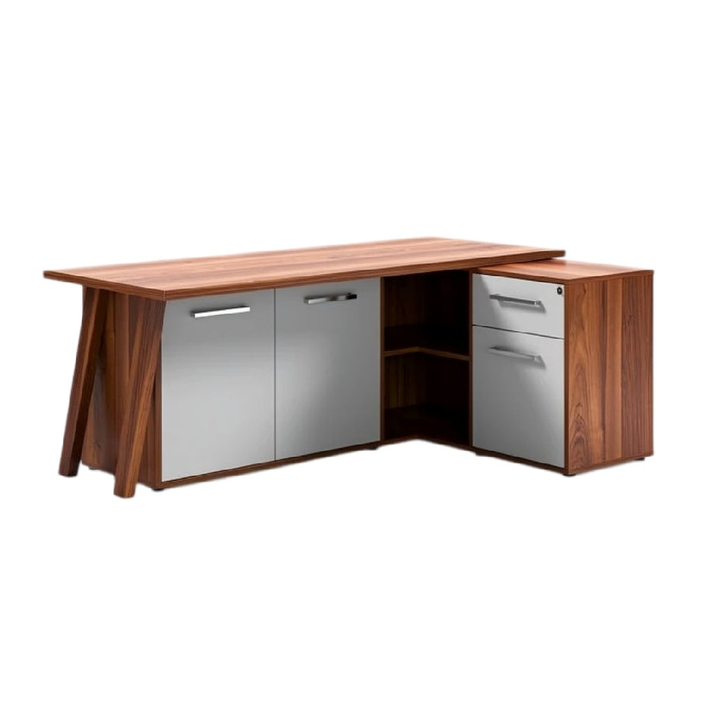 **Hoekbureau met houten afwerking en metalen lade - Modern ontwerp**